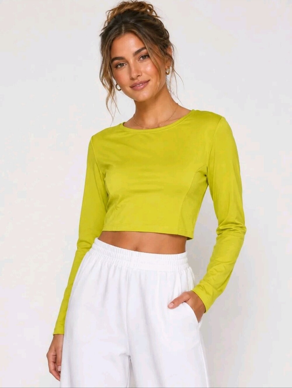 Dos Gardenias Long Sleeve Cropped Top in Lime Green - Picture 6 of 6